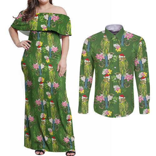 Aussie Santa Budgie Christmas Couples Matching Off Shoulder Maxi Dress and Long Sleeve Button Shirt Green Parakeet Tropical Floral