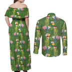 Aussie Santa Budgie Christmas Couples Matching Off Shoulder Maxi Dress and Long Sleeve Button Shirt Green Parakeet Tropical Floral
