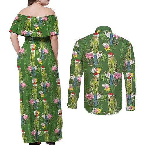 Aussie Santa Budgie Christmas Couples Matching Off Shoulder Maxi Dress and Long Sleeve Button Shirt Green Parakeet Tropical Floral