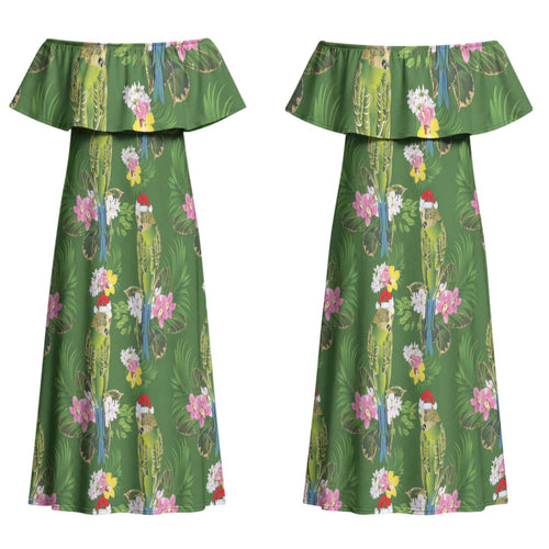 Aussie Santa Budgie Christmas Couples Matching Off Shoulder Maxi Dress and Long Sleeve Button Shirt Green Parakeet Tropical Floral LT9