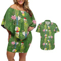 Aussie Santa Budgie Christmas Couples Matching Off Shoulder Short Dress and Hawaiian Shirt Green Parakeet Tropical Floral
