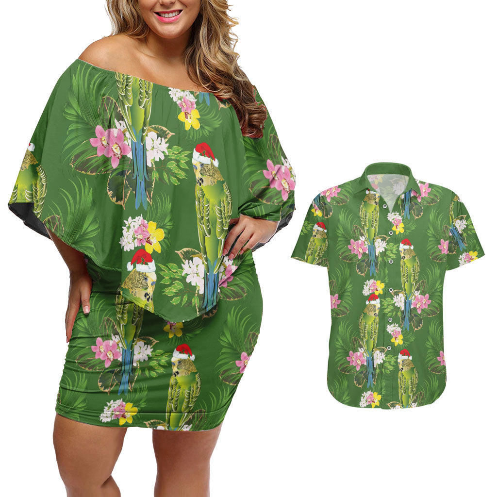 Aussie Santa Budgie Christmas Couples Matching Off Shoulder Short Dress and Hawaiian Shirt Green Parakeet Tropical Floral