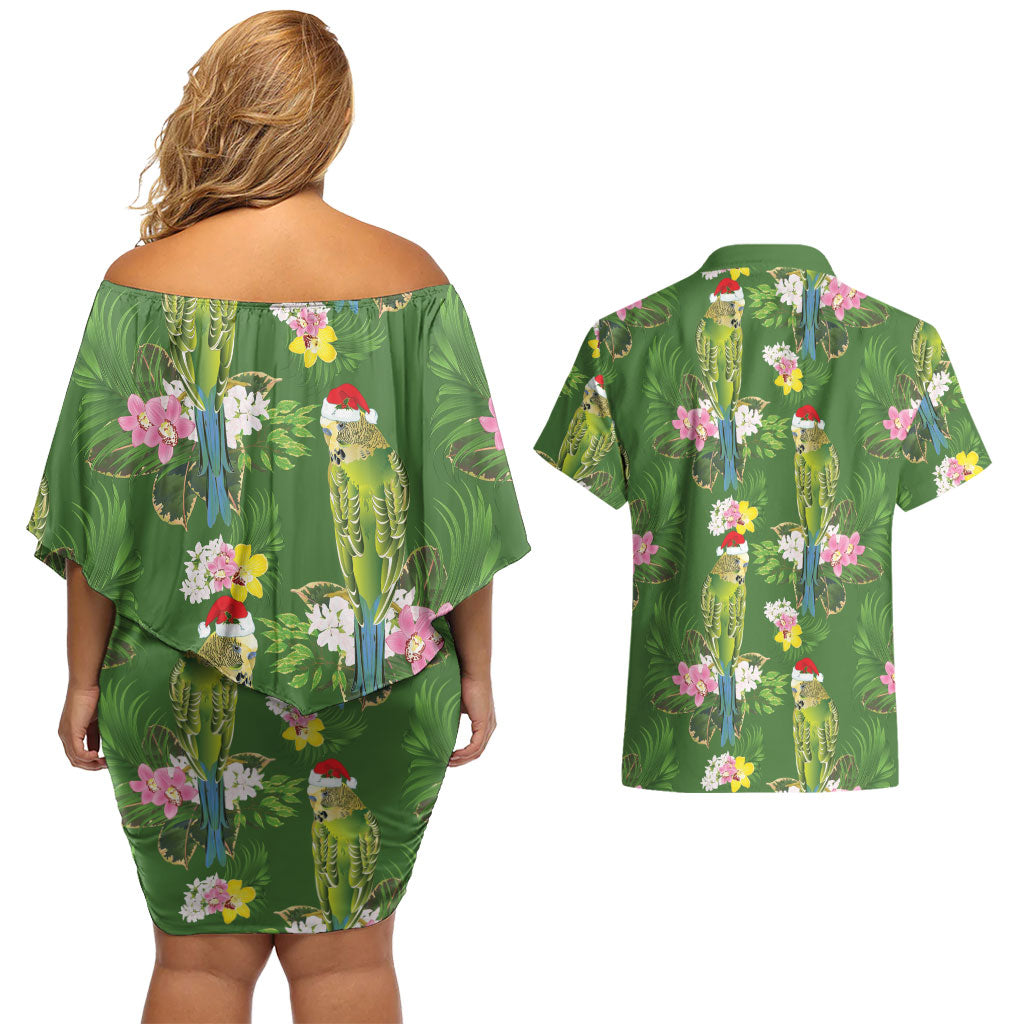 Aussie Santa Budgie Christmas Couples Matching Off Shoulder Short Dress and Hawaiian Shirt Green Parakeet Tropical Floral