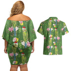 Aussie Santa Budgie Christmas Couples Matching Off Shoulder Short Dress and Hawaiian Shirt Green Parakeet Tropical Floral