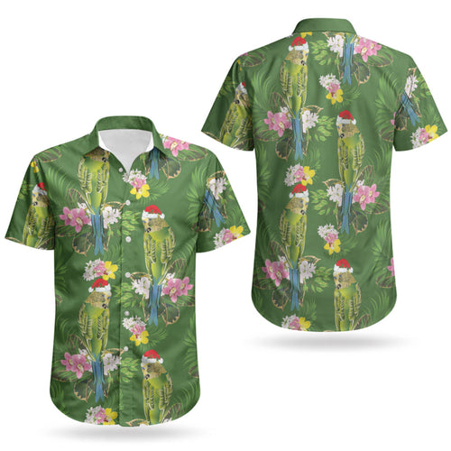 Aussie Santa Budgie Christmas Couples Matching Off Shoulder Short Dress and Hawaiian Shirt Green Parakeet Tropical Floral LT9