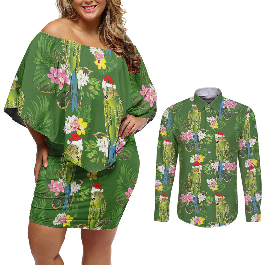 Aussie Santa Budgie Christmas Couples Matching Off Shoulder Short Dress and Long Sleeve Button Shirt Green Parakeet Tropical Floral