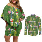 Aussie Santa Budgie Christmas Couples Matching Off Shoulder Short Dress and Long Sleeve Button Shirt Green Parakeet Tropical Floral