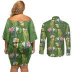 Aussie Santa Budgie Christmas Couples Matching Off Shoulder Short Dress and Long Sleeve Button Shirt Green Parakeet Tropical Floral