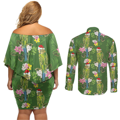 Aussie Santa Budgie Christmas Couples Matching Off Shoulder Short Dress and Long Sleeve Button Shirt Green Parakeet Tropical Floral