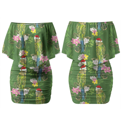 Aussie Santa Budgie Christmas Couples Matching Off Shoulder Short Dress and Long Sleeve Button Shirt Green Parakeet Tropical Floral LT9