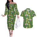 Aussie Santa Budgie Christmas Couples Matching Off The Shoulder Long Sleeve Dress and Hawaiian Shirt Green Parakeet Tropical Floral