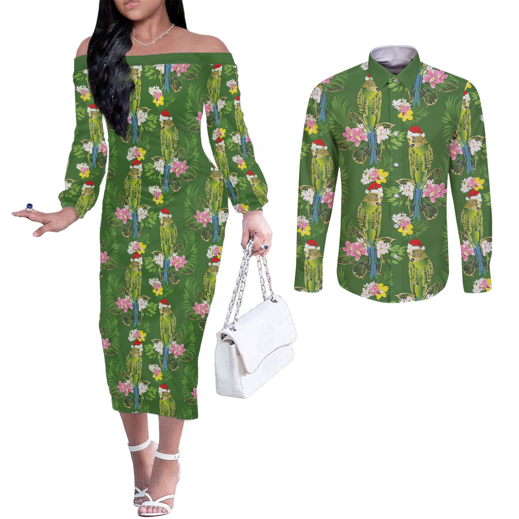 Aussie Santa Budgie Christmas Couples Matching Off The Shoulder Long Sleeve Dress and Long Sleeve Button Shirt Green Parakeet Tropical Floral