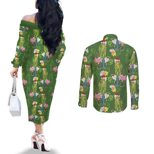 Aussie Santa Budgie Christmas Couples Matching Off The Shoulder Long Sleeve Dress and Long Sleeve Button Shirt Green Parakeet Tropical Floral