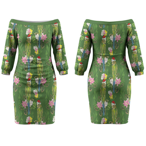Aussie Santa Budgie Christmas Couples Matching Off The Shoulder Long Sleeve Dress and Long Sleeve Button Shirt Green Parakeet Tropical Floral LT9