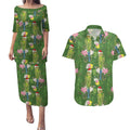 Aussie Santa Budgie Christmas Couples Matching Puletasi and Hawaiian Shirt Green Parakeet Tropical Floral