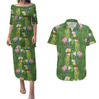 Aussie Santa Budgie Christmas Couples Matching Puletasi and Hawaiian Shirt Green Parakeet Tropical Floral