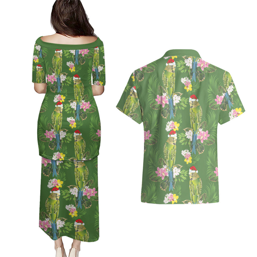 Aussie Santa Budgie Christmas Couples Matching Puletasi and Hawaiian Shirt Green Parakeet Tropical Floral