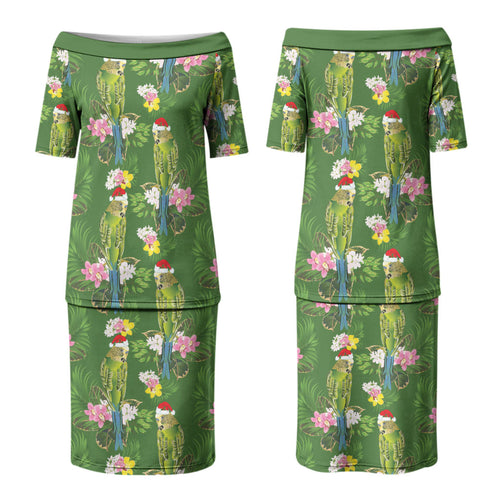 Aussie Santa Budgie Christmas Couples Matching Puletasi and Hawaiian Shirt Green Parakeet Tropical Floral LT9