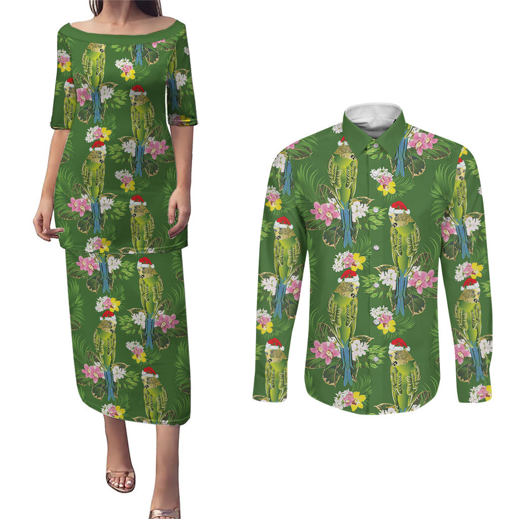 Aussie Santa Budgie Christmas Couples Matching Puletasi and Long Sleeve Button Shirt Green Parakeet Tropical Floral