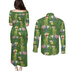 Aussie Santa Budgie Christmas Couples Matching Puletasi and Long Sleeve Button Shirt Green Parakeet Tropical Floral