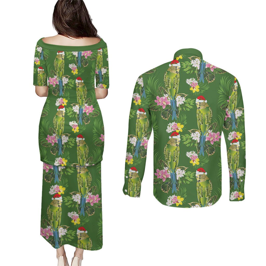 Aussie Santa Budgie Christmas Couples Matching Puletasi and Long Sleeve Button Shirt Green Parakeet Tropical Floral
