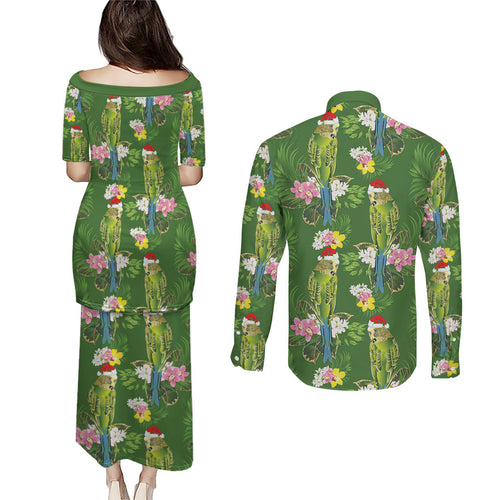 Aussie Santa Budgie Christmas Couples Matching Puletasi and Long Sleeve Button Shirt Green Parakeet Tropical Floral