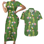 Aussie Santa Budgie Christmas Couples Matching Short Sleeve Bodycon Dress and Hawaiian Shirt Green Parakeet Tropical Floral