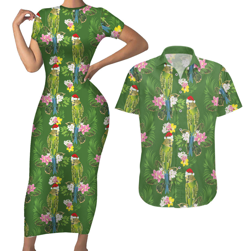 Aussie Santa Budgie Christmas Couples Matching Short Sleeve Bodycon Dress and Hawaiian Shirt Green Parakeet Tropical Floral