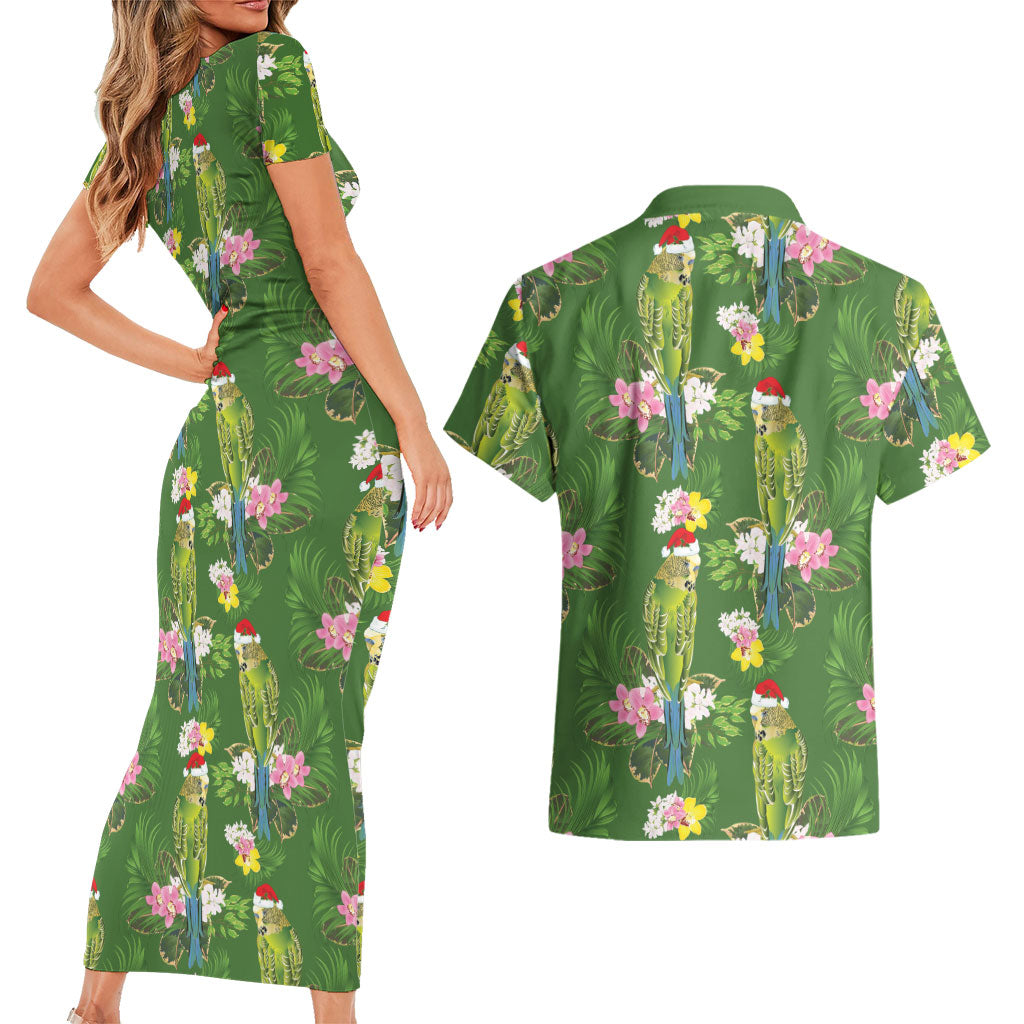 Aussie Santa Budgie Christmas Couples Matching Short Sleeve Bodycon Dress and Hawaiian Shirt Green Parakeet Tropical Floral