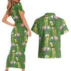 Aussie Santa Budgie Christmas Couples Matching Short Sleeve Bodycon Dress and Hawaiian Shirt Green Parakeet Tropical Floral