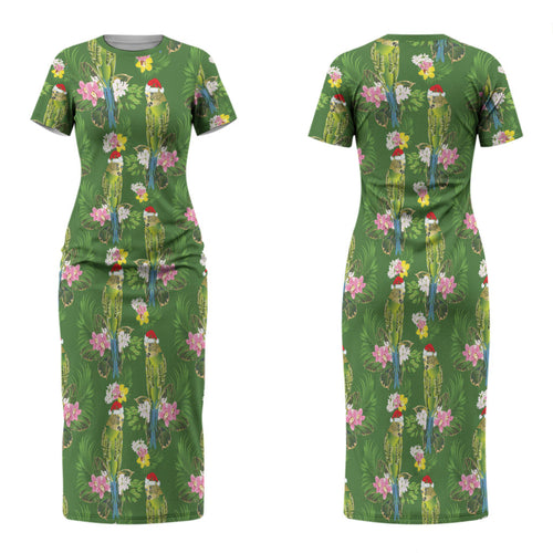Aussie Santa Budgie Christmas Couples Matching Short Sleeve Bodycon Dress and Hawaiian Shirt Green Parakeet Tropical Floral LT9