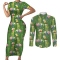 Aussie Santa Budgie Christmas Couples Matching Short Sleeve Bodycon Dress and Long Sleeve Button Shirt Green Parakeet Tropical Floral