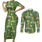 Aussie Santa Budgie Christmas Couples Matching Short Sleeve Bodycon Dress and Long Sleeve Button Shirt Green Parakeet Tropical Floral