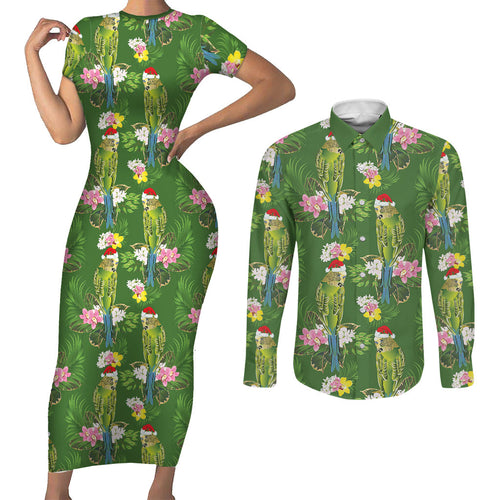 Aussie Santa Budgie Christmas Couples Matching Short Sleeve Bodycon Dress and Long Sleeve Button Shirt Green Parakeet Tropical Floral