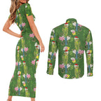 Aussie Santa Budgie Christmas Couples Matching Short Sleeve Bodycon Dress and Long Sleeve Button Shirt Green Parakeet Tropical Floral