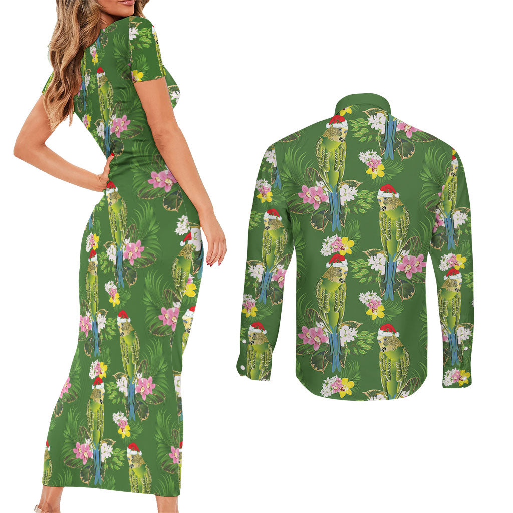 Aussie Santa Budgie Christmas Couples Matching Short Sleeve Bodycon Dress and Long Sleeve Button Shirt Green Parakeet Tropical Floral