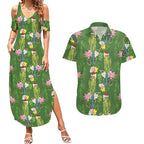 Aussie Santa Budgie Christmas Couples Matching Summer Maxi Dress and Hawaiian Shirt Green Parakeet Tropical Floral