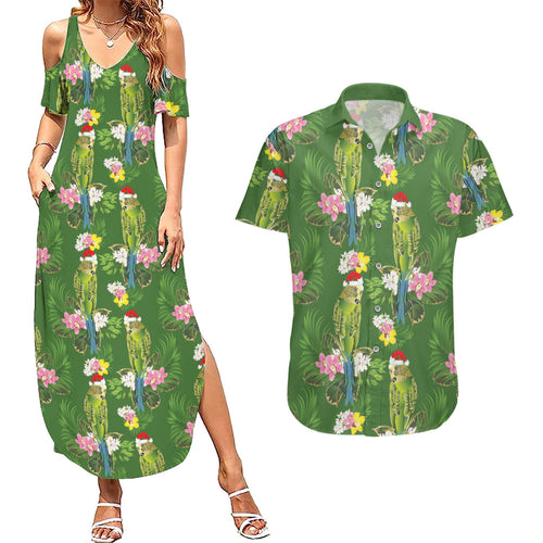 Aussie Santa Budgie Christmas Couples Matching Summer Maxi Dress and Hawaiian Shirt Green Parakeet Tropical Floral