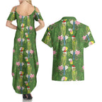 Aussie Santa Budgie Christmas Couples Matching Summer Maxi Dress and Hawaiian Shirt Green Parakeet Tropical Floral