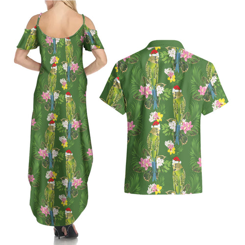 Aussie Santa Budgie Christmas Couples Matching Summer Maxi Dress and Hawaiian Shirt Green Parakeet Tropical Floral