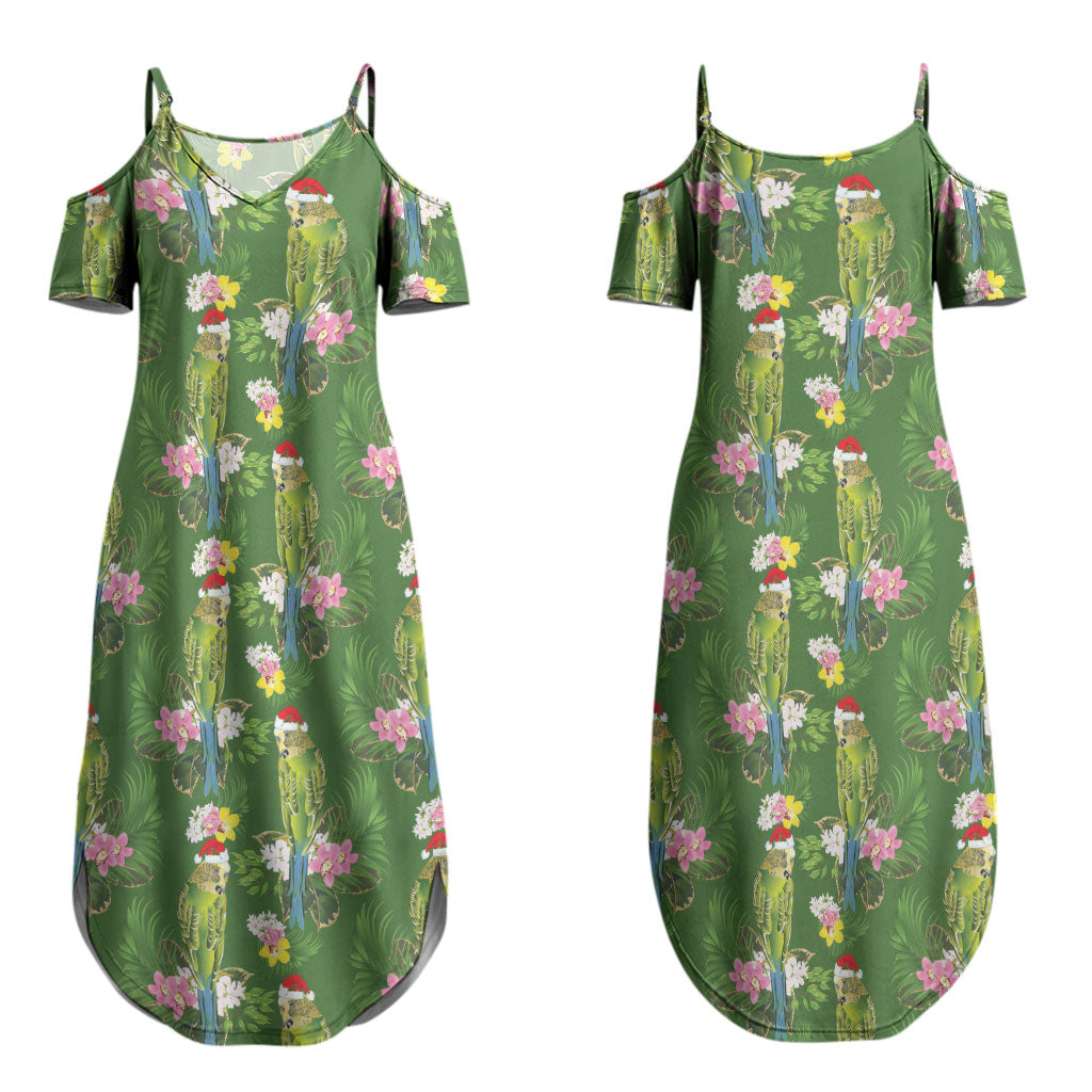 Aussie Santa Budgie Christmas Couples Matching Summer Maxi Dress and Hawaiian Shirt Green Parakeet Tropical Floral LT9