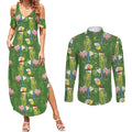 Aussie Santa Budgie Christmas Couples Matching Summer Maxi Dress and Long Sleeve Button Shirt Green Parakeet Tropical Floral