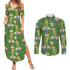 Aussie Santa Budgie Christmas Couples Matching Summer Maxi Dress and Long Sleeve Button Shirt Green Parakeet Tropical Floral