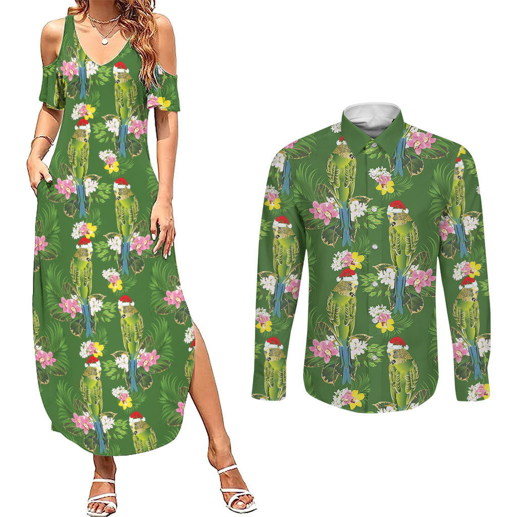 Aussie Santa Budgie Christmas Couples Matching Summer Maxi Dress and Long Sleeve Button Shirt Green Parakeet Tropical Floral