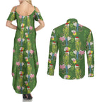 Aussie Santa Budgie Christmas Couples Matching Summer Maxi Dress and Long Sleeve Button Shirt Green Parakeet Tropical Floral