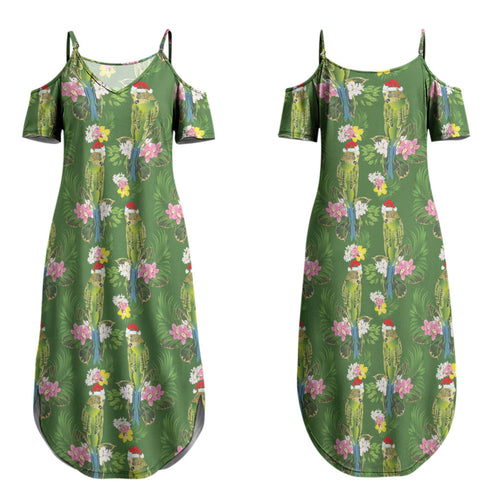Aussie Santa Budgie Christmas Couples Matching Summer Maxi Dress and Long Sleeve Button Shirt Green Parakeet Tropical Floral LT9