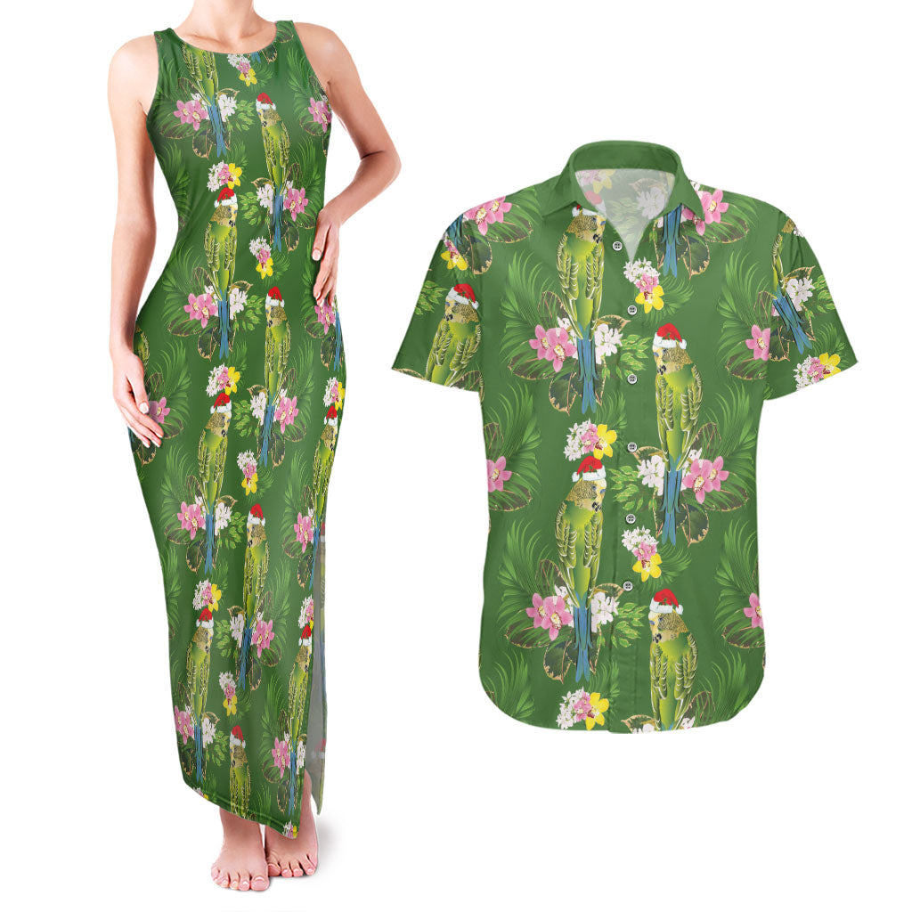 Aussie Santa Budgie Christmas Couples Matching Tank Maxi Dress and Hawaiian Shirt Green Parakeet Tropical Floral