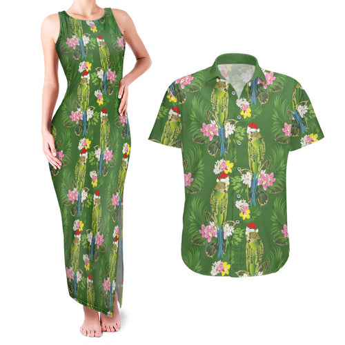 Aussie Santa Budgie Christmas Couples Matching Tank Maxi Dress and Hawaiian Shirt Green Parakeet Tropical Floral