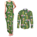 Aussie Santa Budgie Christmas Couples Matching Tank Maxi Dress and Long Sleeve Button Shirt Green Parakeet Tropical Floral