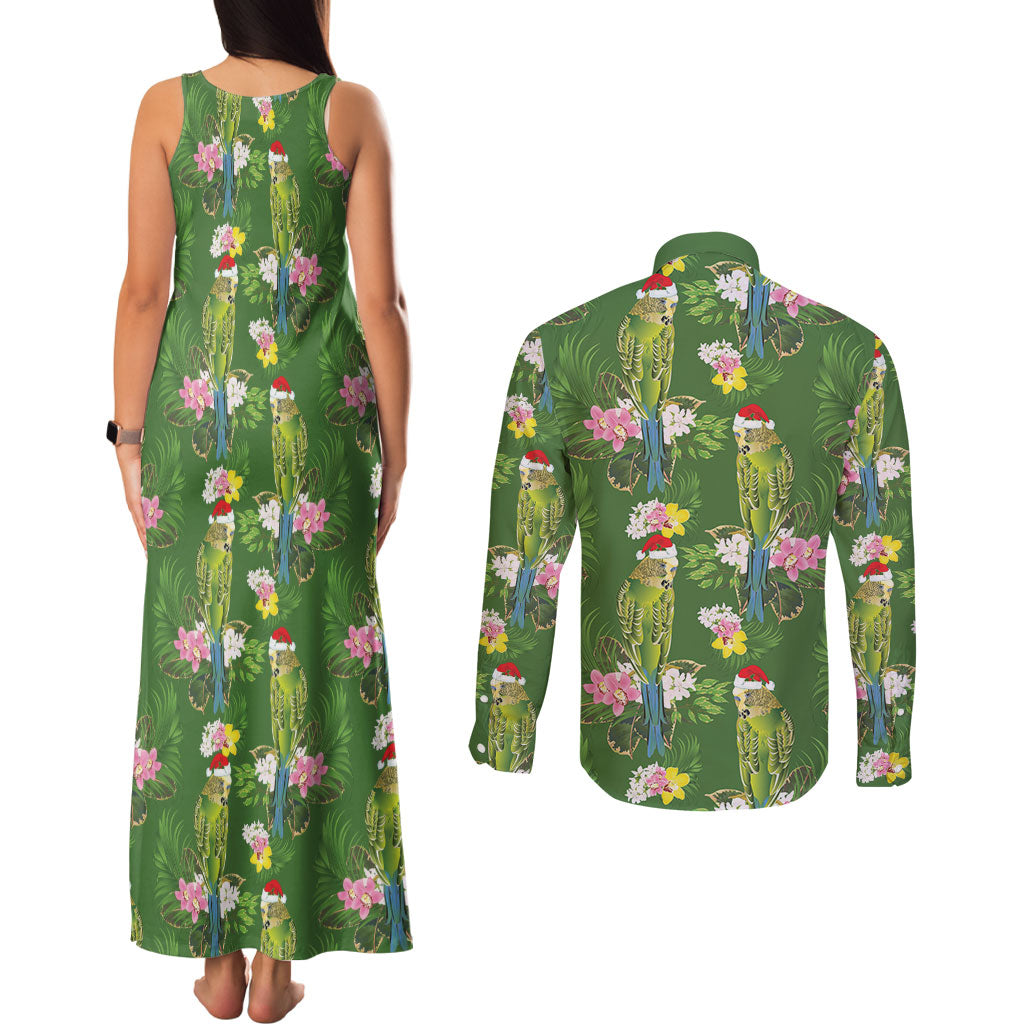 Aussie Santa Budgie Christmas Couples Matching Tank Maxi Dress and Long Sleeve Button Shirt Green Parakeet Tropical Floral